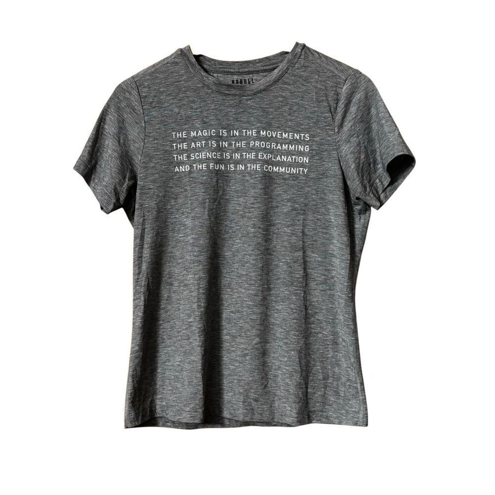 NOBULL Crossfit Training T Shirt Gray Short Sleeve Size Medium spellout back log